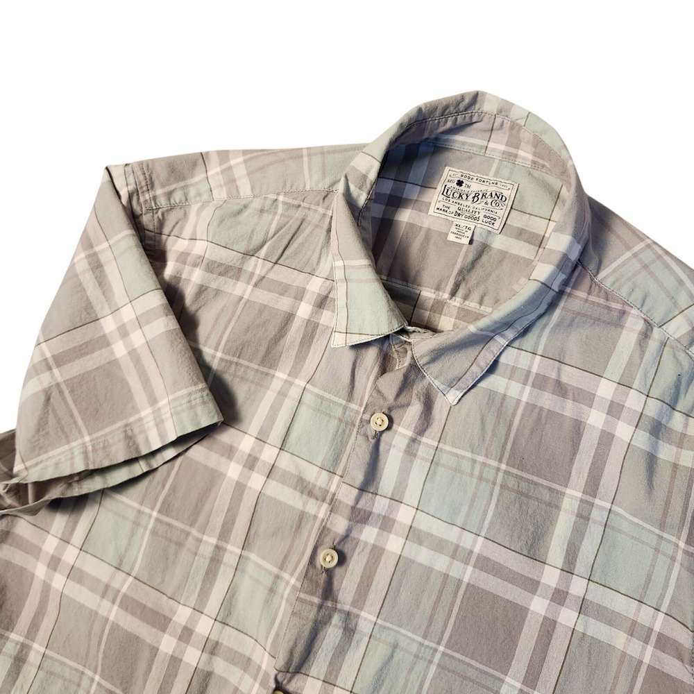 Lucky Brand Button Down Shirt Mens XL Blue Grey Plaid Short Sleeve Casual Top